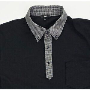 Uniqlo Size Large Mens Black White Check Collar Short Sleeve Button Down Polo
